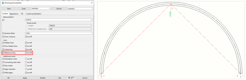 Measuring curved sections with a reference line 