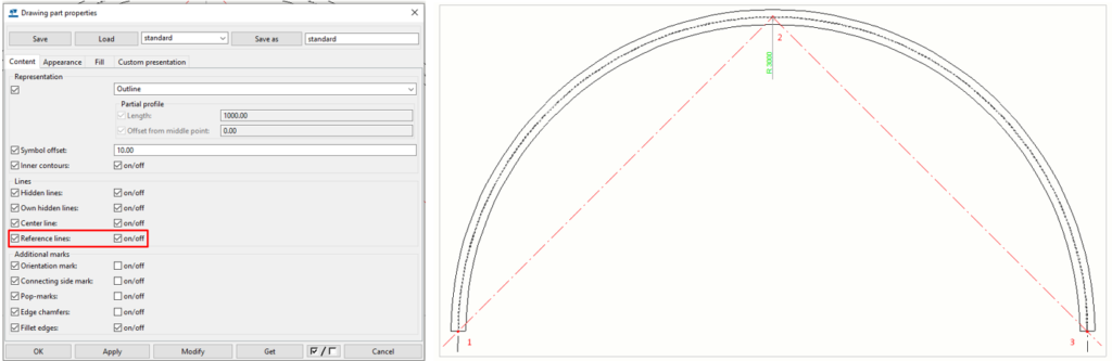Measuring curved sections with a reference line