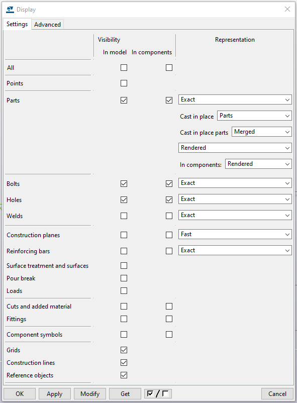 Display settings in Tekla Structures