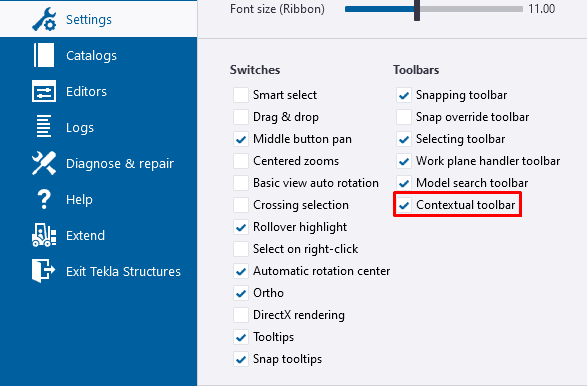 Tekla Structures contextual toolbar