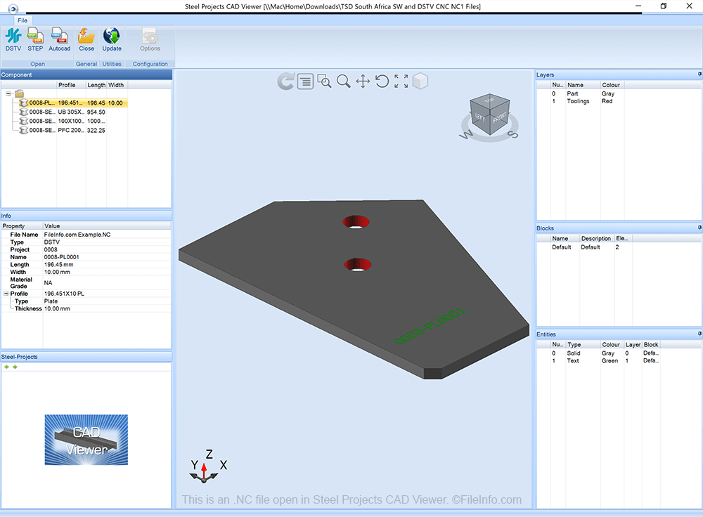 NC file open in Steel Projects CAD Viewer