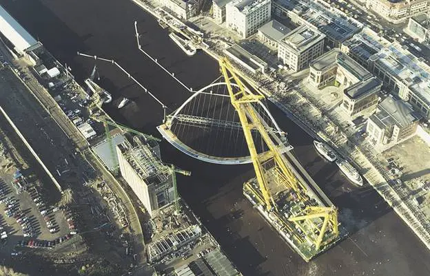 Gateshead Millennium Bridge lifting aerial view