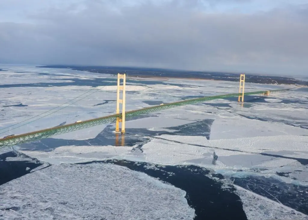 Ice forms in the Straits of Mackinac, underneath the Mackinac Bridge
