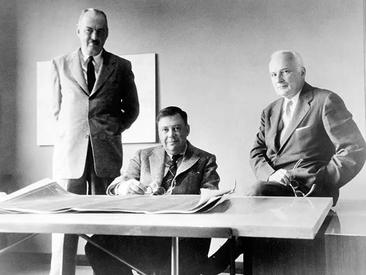 From left to right: John Merrill, Nathaniel Owings, and Louis Skidmore.