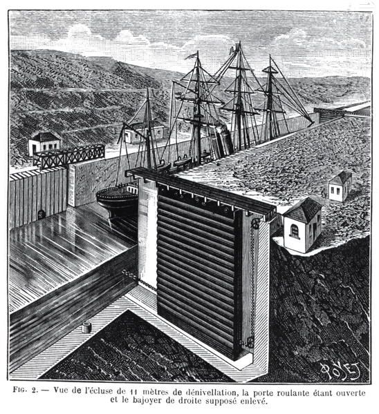 Illustration of proposed lock design by Gustav Eifel for Panama Canal Published in 'La Genie Civil, France, 1988.