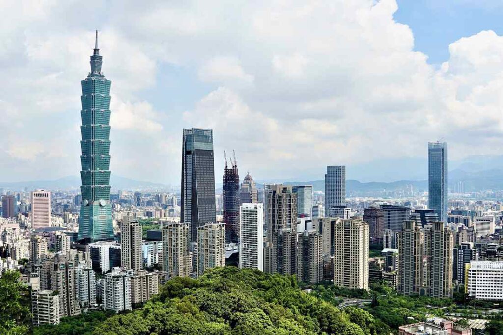 Skyline of Taipei, Taiwan viewed from Mount Elephant on June 29, 2022