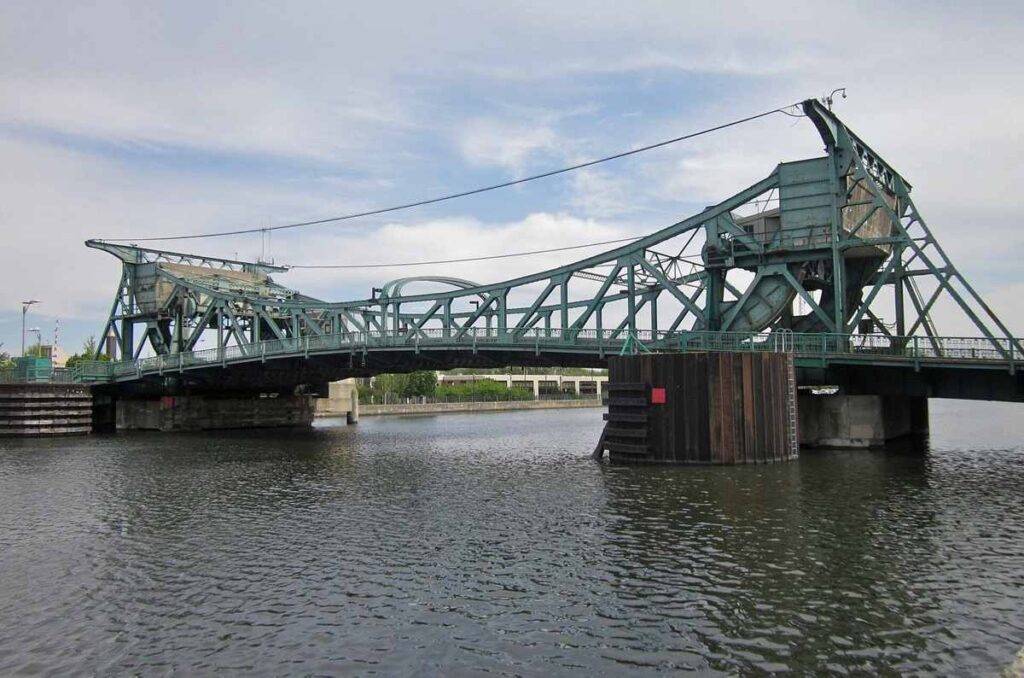 The north side of the Jefferson Street Bridge, in Joliet, Illinois.