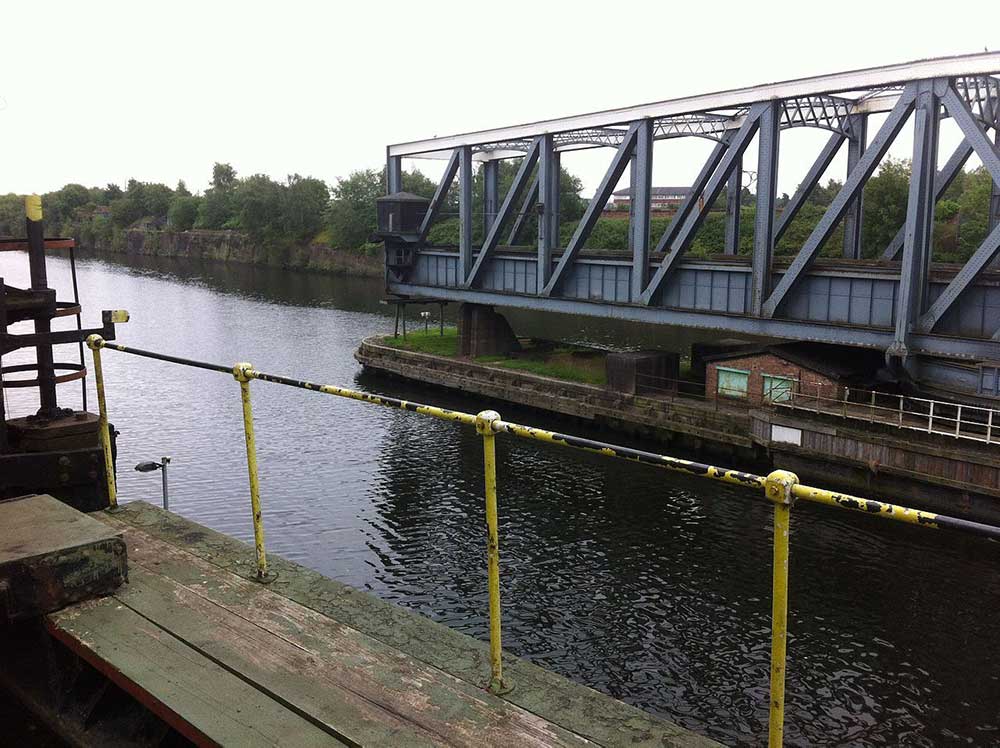Barton swing aqueduct in open position. At this point transit through the Manchester Ship Canal is possible but not through the Bridgewater Canal