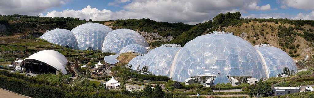 Panoramic view of the geodesic dome structures of the Eden Project