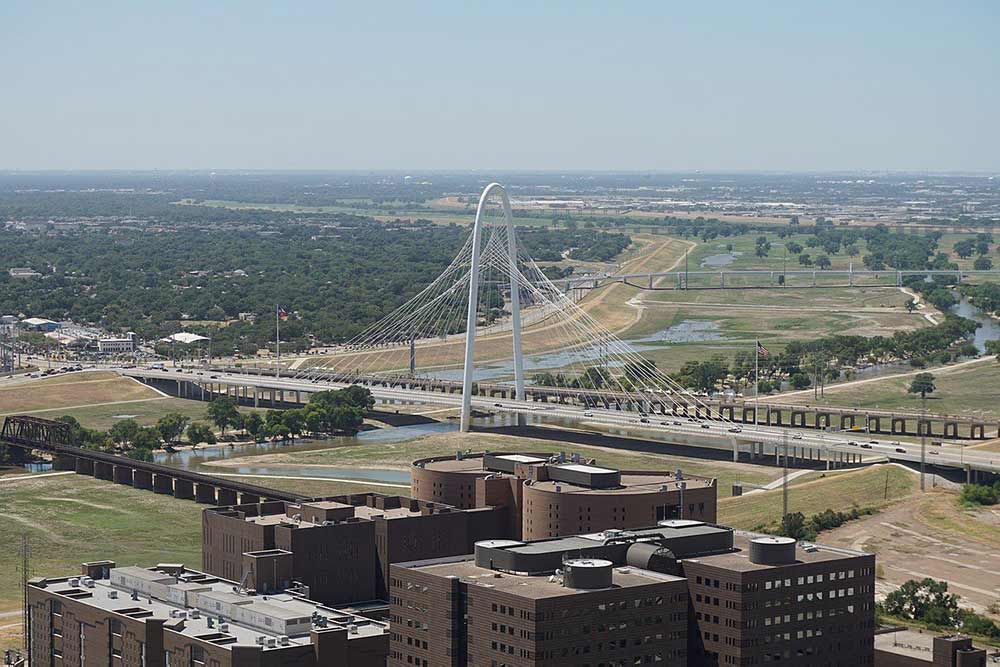 A view of the Margaret Hunt Hill Bridge from the GeO-Deck of Reunion Tower in Dallas, Texas
