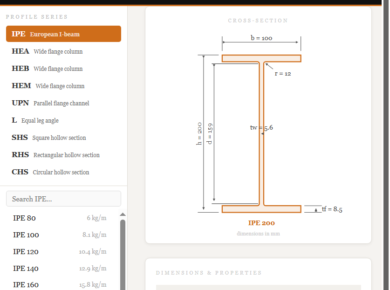 European steel profile dimensions tool showing IPE 200 properties EN 10365